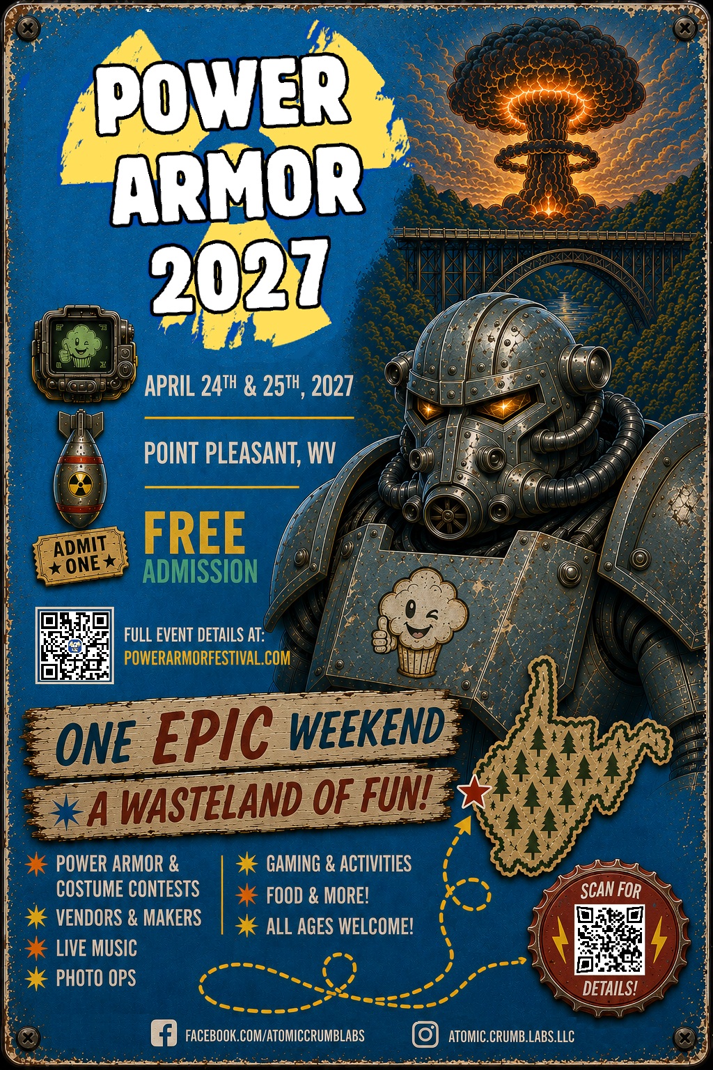 Power Armor 2027 festival flyer for April 24 and 25, 2027 in Point Pleasant, West Virginia